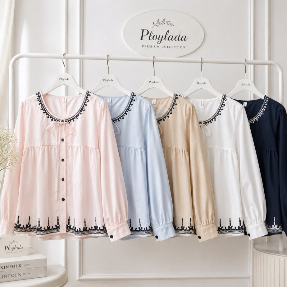 ป้าย Cotton store เสื้อผ้าคอตตอนแขนยาวปักลาย อก 41 นิ้ว ยาว 23 นิ้ว