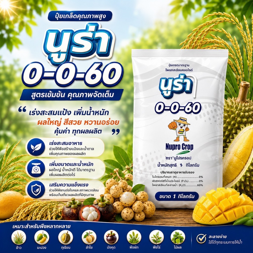 นูร่า 0-0-60 ปุ๋ยเกล็ด ( 1 กิโลกรัม ) เร่งแป้ง เพิ่มน้ำหนัก เร่งสี บำรุงผล เพิ่มผลิต ฮอร์โมนพืช
