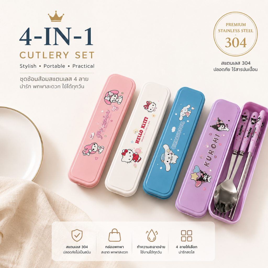 Set Alat Makan 3in1 Sendok Garpu Sumpit Stainless Steel Motif Kartun Lucu, Dilengkapi Kotak Penyimpanan Portabel, Cocok
