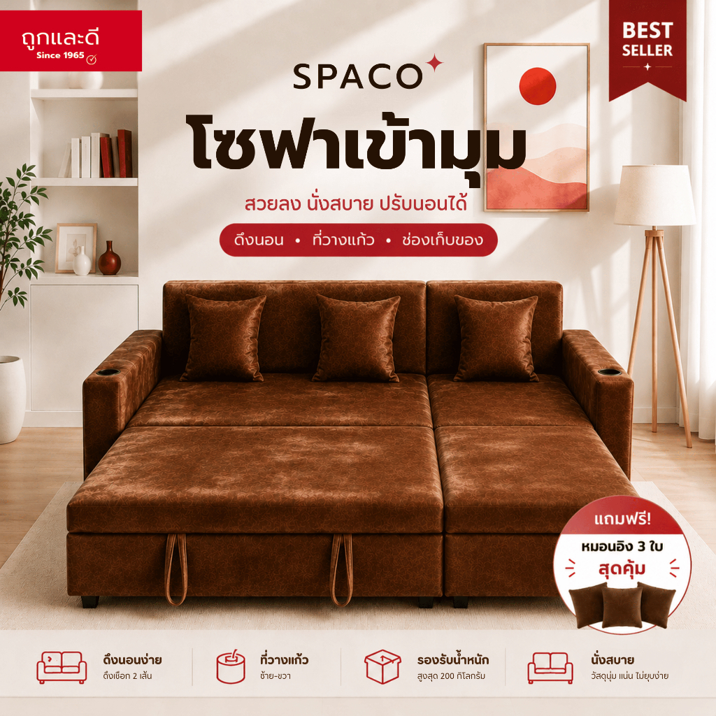 Took Lae Dee SPACO 3 ที่นั่ง โซฟาดึงนอน โซฟาปรับเป็นเตียง พร้อมที่วางแก้ว 2 ฝั่ง แถมหมอนอิง 3 ใบ ขนาด 202 ซม.
