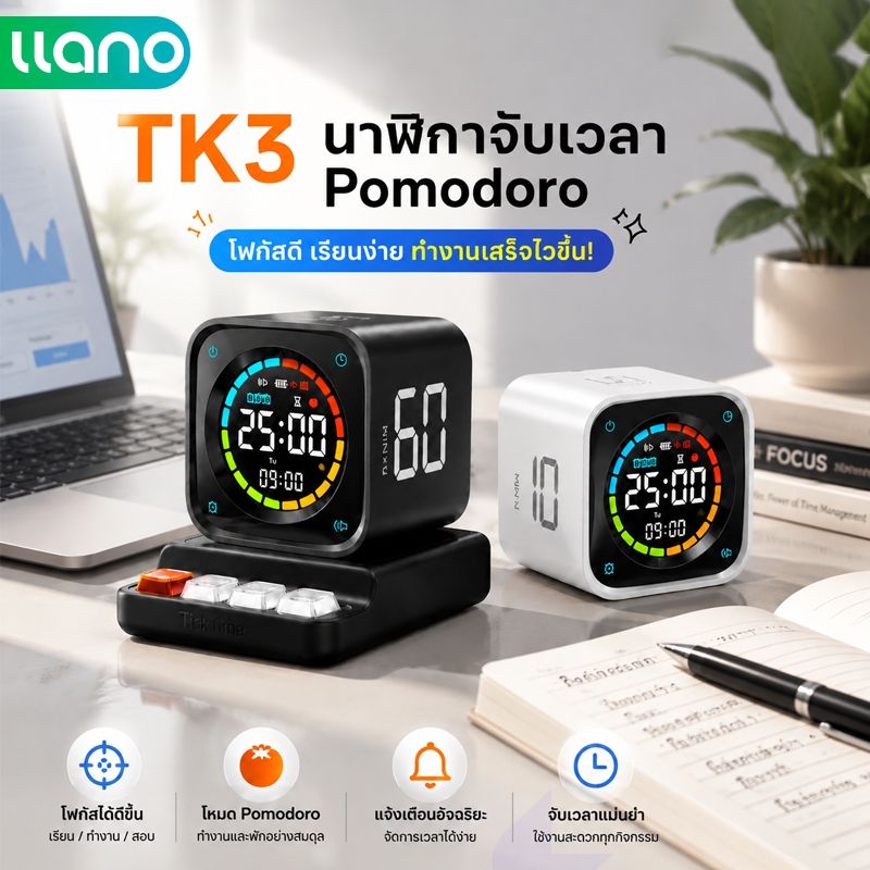 LLANO TK3 Pomodoro Timer Cube | 4-ใน-1: นับถอยหลัง, โพโดโร, สัญญาณเตือน, นาฬิกาจับเวลา | เวลาที่กําหนดเอง | จอแสดงผล นํา