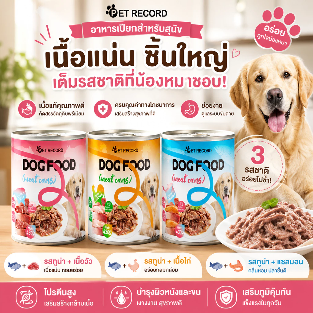 สินค้าใหม่ กระป๋องสุนัข PET RECORD 430g ทูน่าเนื้อแดง 3รส โปรตีนสูง น้ำซุปเติมน้ำ โอเมก้า3 บำรุงขนสุนัขทุกวัย