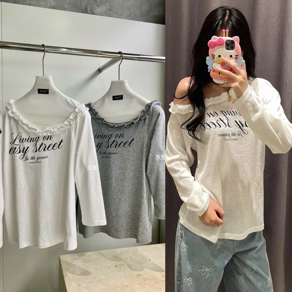 10902# เสื้อคอกว้างแขนยาว สกรีนลายช่วงอกเนื้อผ้าดี ทรงสวย   TAG:WG.WE 🇰🇷