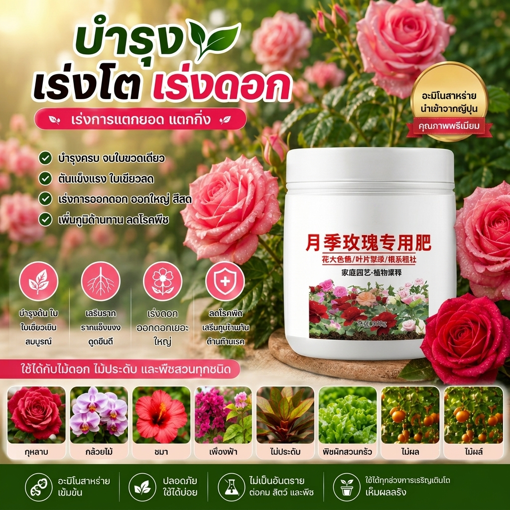 ปุ๋ยกุหลาบ ปุ๋ยดอกไม้ ปุ๋ยบำรุงดอกไม้ อาหารเสริมต้นไม้ ปุ๋ยกุหลาบและไม้ดอก สูตรพิเศษ เร่งใบ เร่งดอก ขนาด 300 กรัมราคารวม