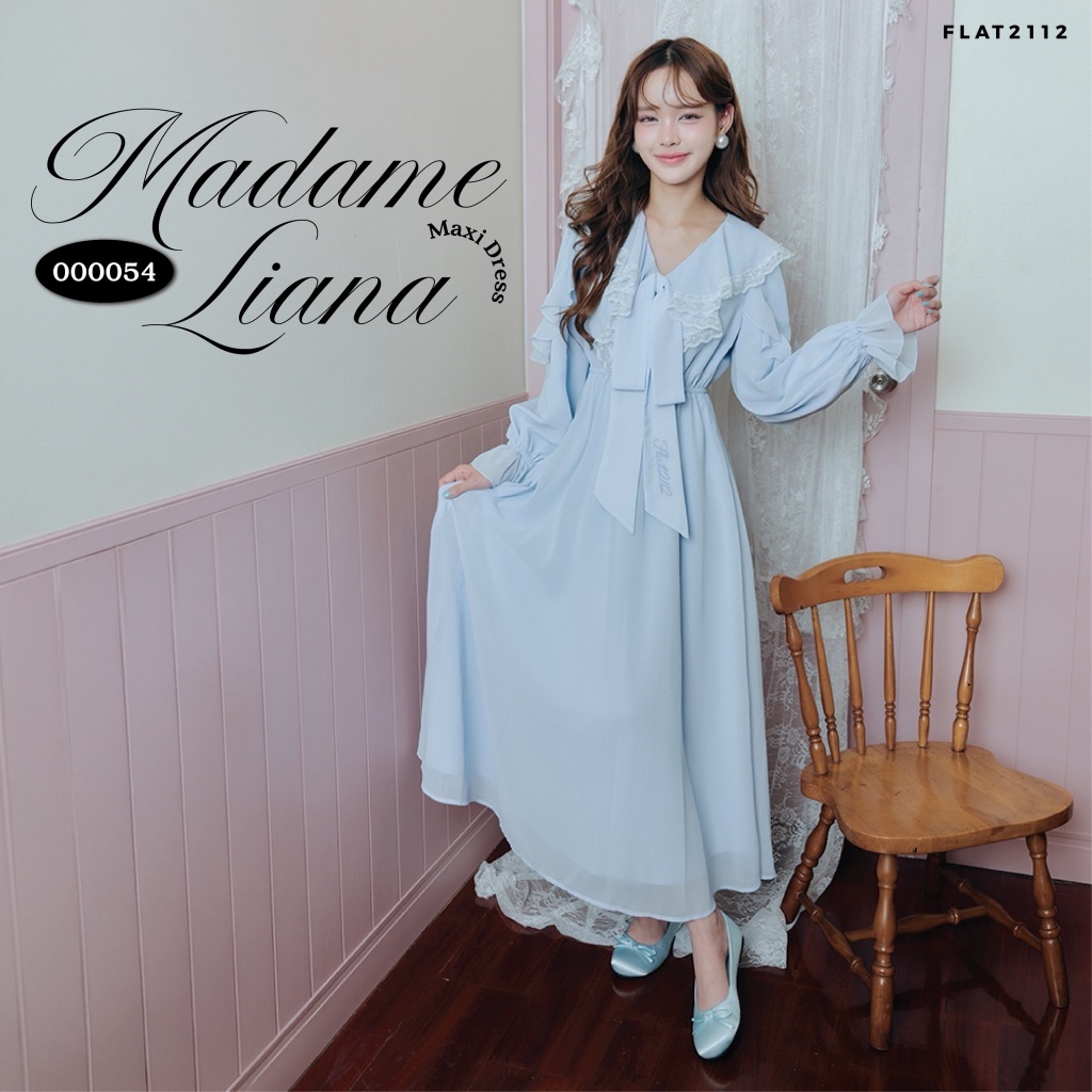 FLAT2112 : MADAME LIANA MAXI DRESS เดรสยาวผ้าชีฟองสีฟ้าพาสเทล ปกแต่งระบายลูกไม้ เดรสสไตล์เกาหลี เดรสแต่งลูกไม้ (000054)