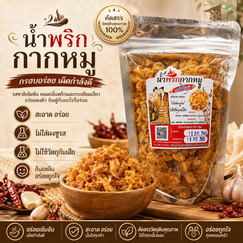 น้ำพริกกากหมู 100g แม่พิกุล สะอาด อร่อย ไม่ใส่ผงชูรส ไม่ใส่วัตถุกันเสีย