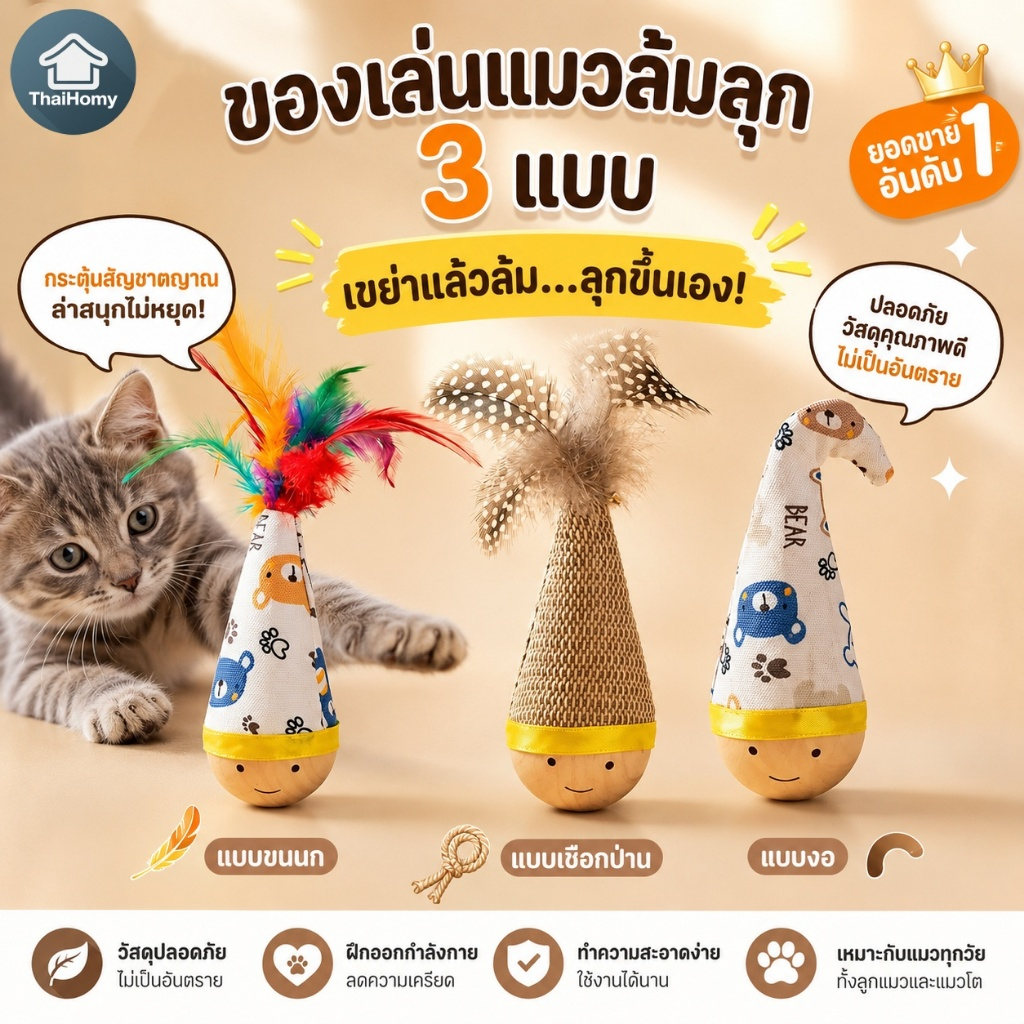 ของเล่นแมวไม้บีช ไม้บีชธรรมชาติ ลูกบอลโยก แบบตุ๊กตาล้มลุก ผ้าใบหนา ทนกัด ขนนกเด้ง ช่วยแก้เบื่อ เล่นเองได้