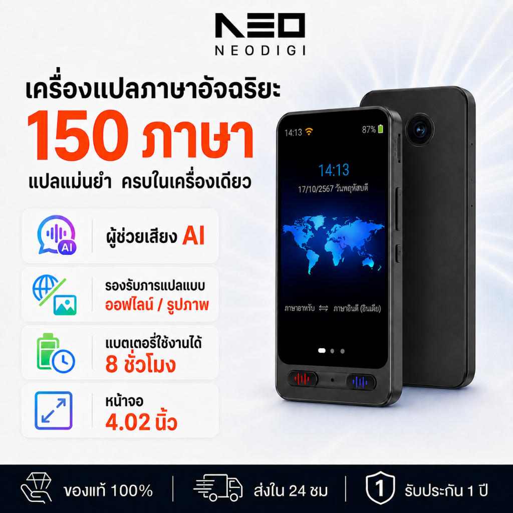NEODIGI เครื่องแปลภาษา M01 ไม่ต้อง WiFi อุปกรณ์แปลพกพาพร้อม 150 ภาษา เครื่องแปลภาพเสียง Ai แบบเรียลไ