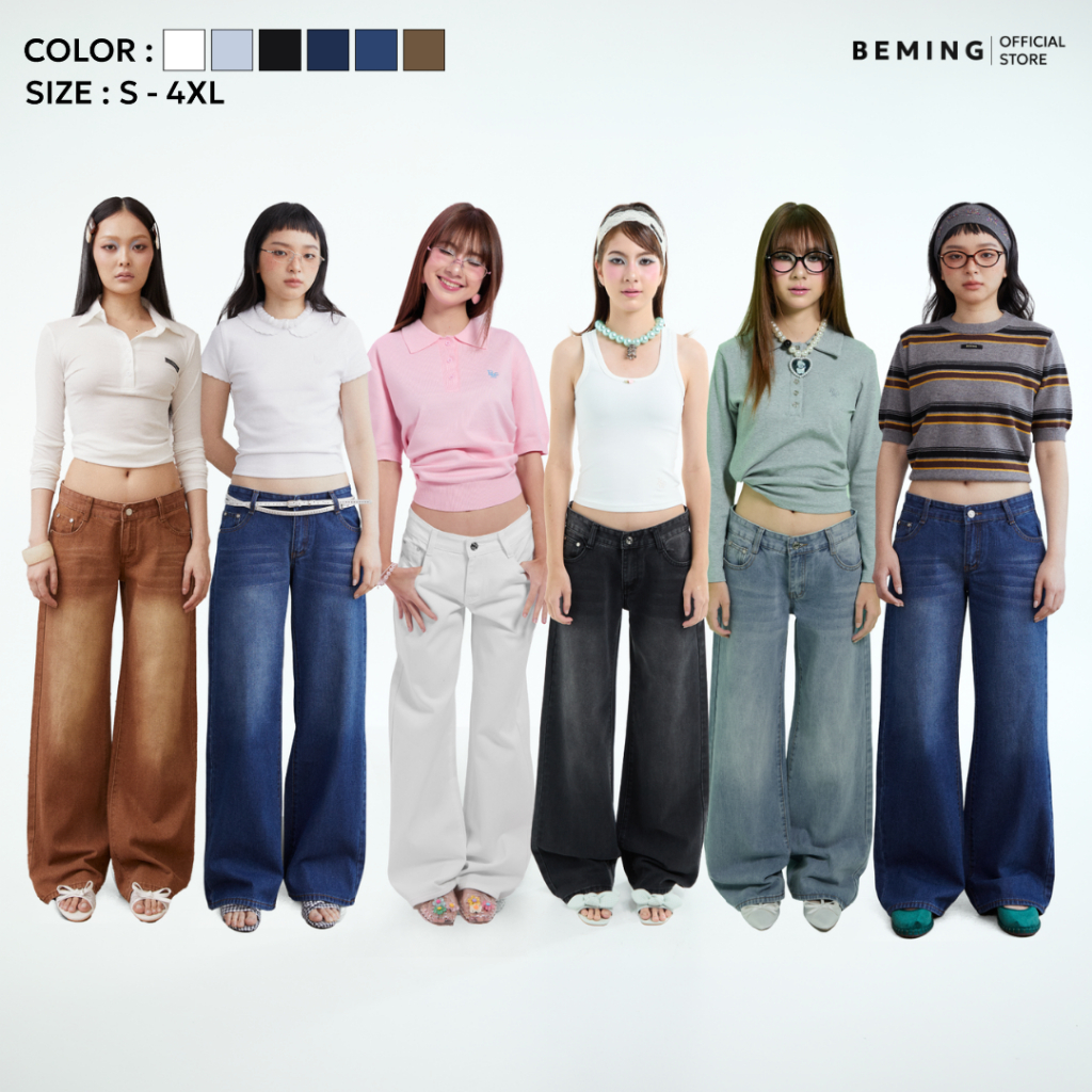 Bemingjeans101(S-4XL)-Beddy Jeans - กางเกงยีนส์เอวต่ำทรงขากว้างดีไซน์ใส่สบายให้ลุคดูเท่และมีสไตล์