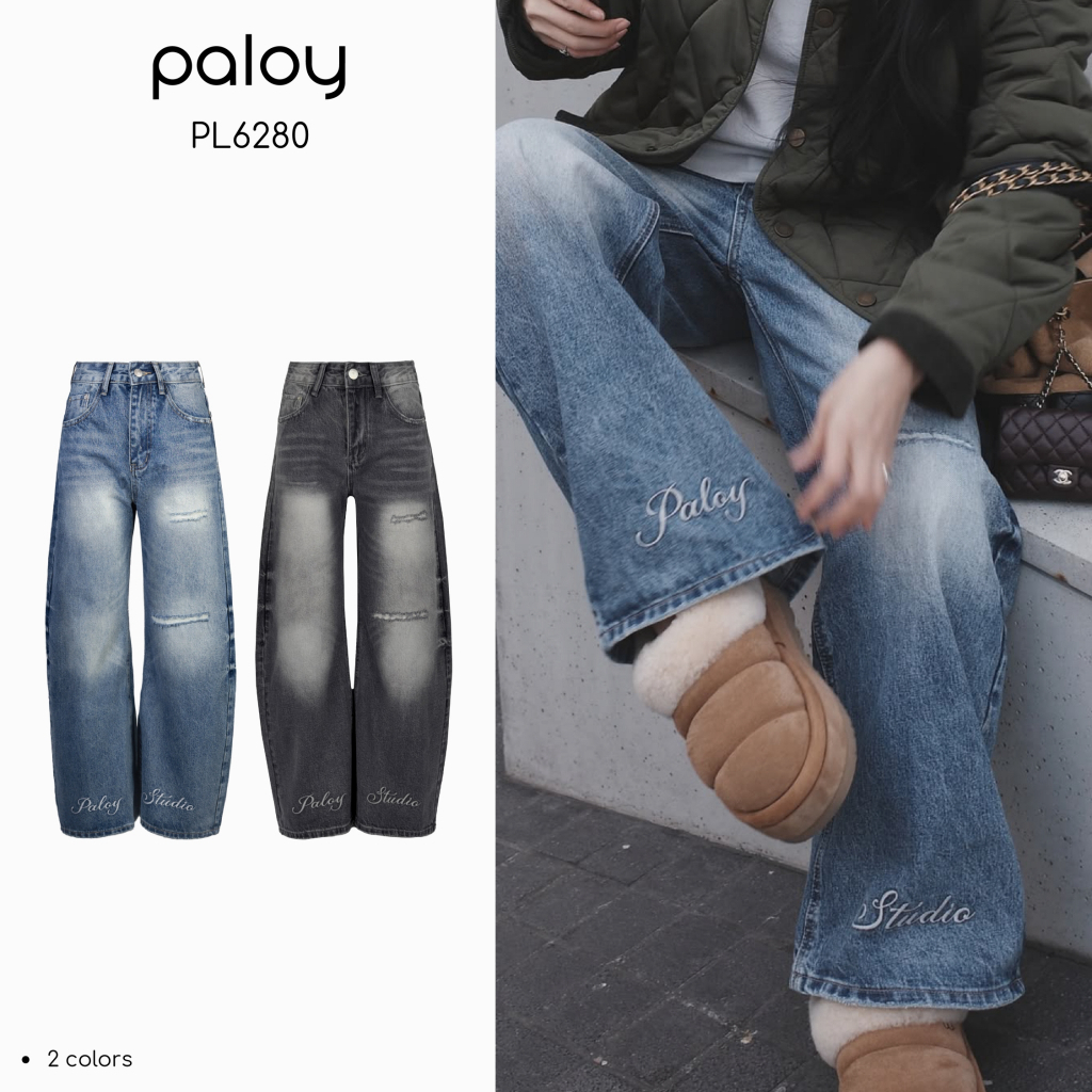 Paloy - PL6280 กางเกงยีนส์ขายาว แต่งขาด ปลายขาปัก Paloy studio