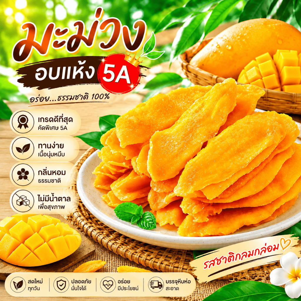 มะม่วงอบแห้งDried Mango (No Sugar) หวานธรรมชาติ100% เกรด5A มีหลายขนาด กลิ่นหอม ทานง่าย รสชาติอร่อย