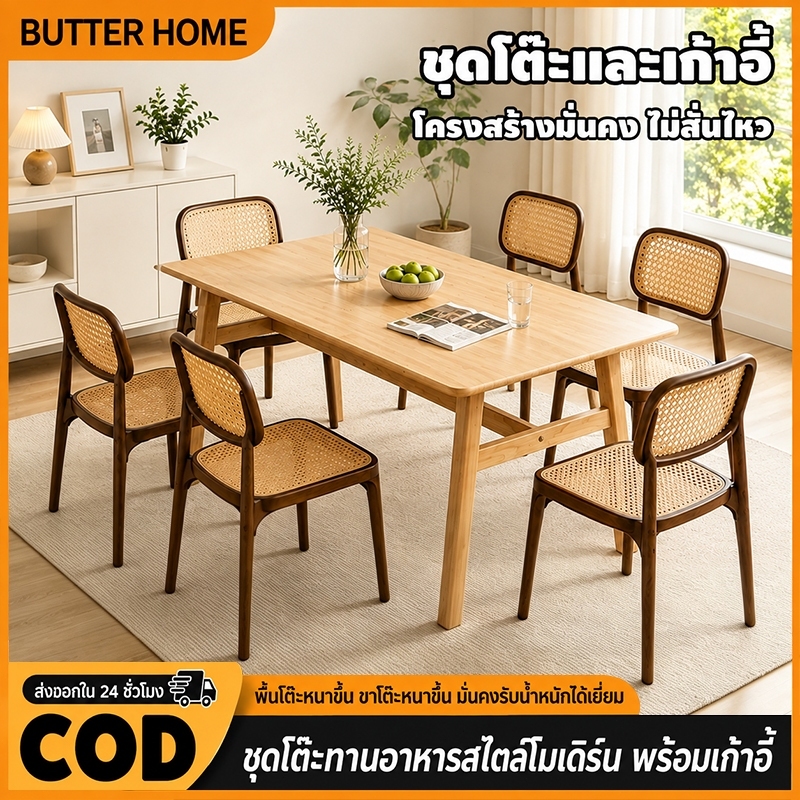 Butter พร้อมส่ง โต๊ะอาหารสไตล์โมเดิร์น 100/120/140CM รองรับ 4-6 ที่นั่ง โครงสร้างแข็งแรง มีคานเสริม รับน้ำหนัก 500KG