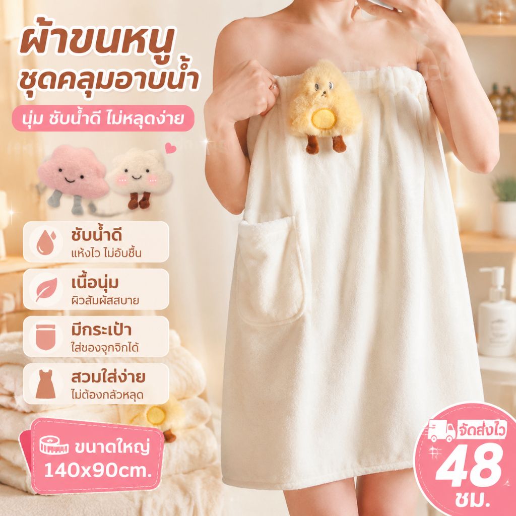 ผ้าขนหนูชุดคลุมอาบน้ำผู้หญิง ดูดซับน้ำดี มีกระเป๋า เสื้อคลุมอาบน้ำ ผ้าเช็ดตัวแบบสวมใส่ได้