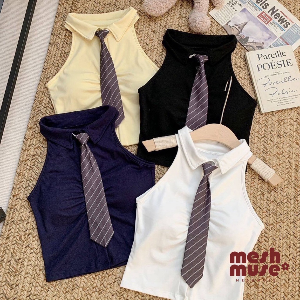 เสื้อครอปเน็กไท เสื้อกล้ามคอปกแต่งกระดุม เน็กไทถอดได้ใส่ได้2แบบ FYP Girlboss