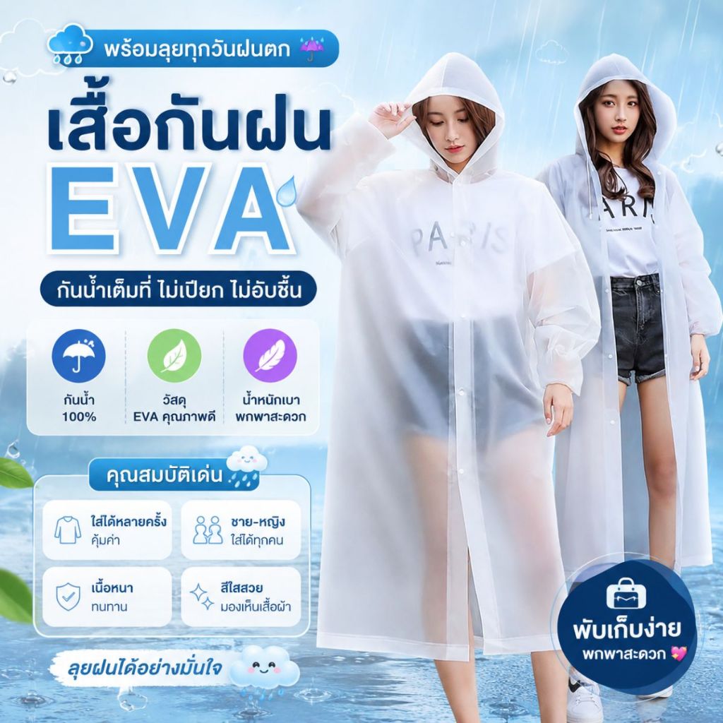 ส่งด่วน เสื้อกันฝน EVA ส่งด่วน ส่งไวเสื้อกันฝนแฟชั่น ชุดกันฝน Rain coats เสื้อกันฝนผู้ใหญ่ เสื้อกันฝนฉุกเฉิน  คุณภาพดี
