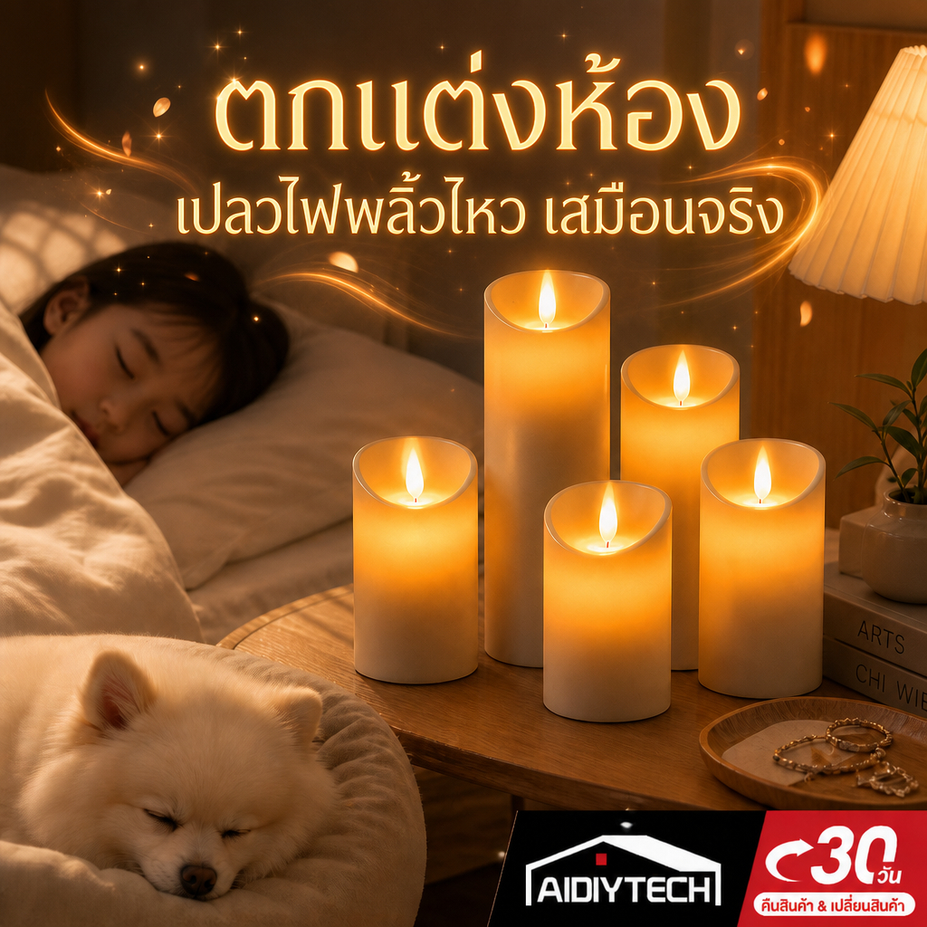 AIDIY เทียน LED เทียนปลอมเสมือนจริง เปลวไฟพลิ้วไหว ปลอดภัยไร้ควัน สำหรับตกแต่งห้องนอน จัดปาร์ตี้ จัดโปรชุด5ชิ้น ส่งด่วน