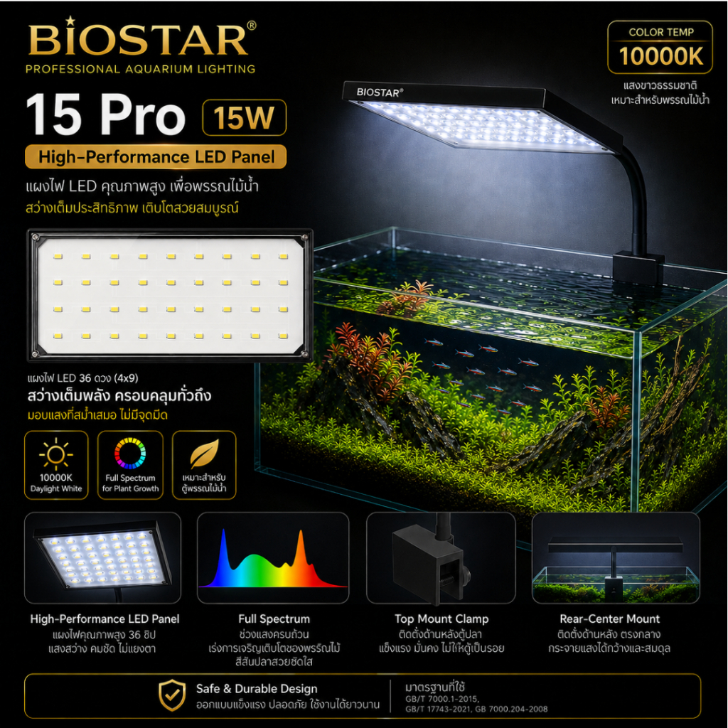 โคมไฟ LED Full Spectrum BIOSTAR 15 Pro Series  สำหรับตู้ปลาและตู้ไม้น้ำ