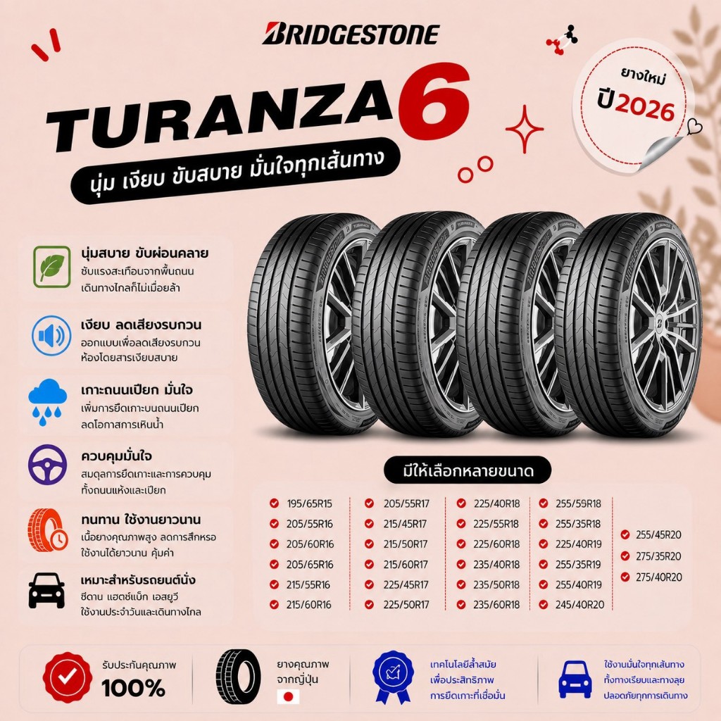 ยางใหม่ BRIDGESTONE TURANZA 6 จำนวน 4 เส้น