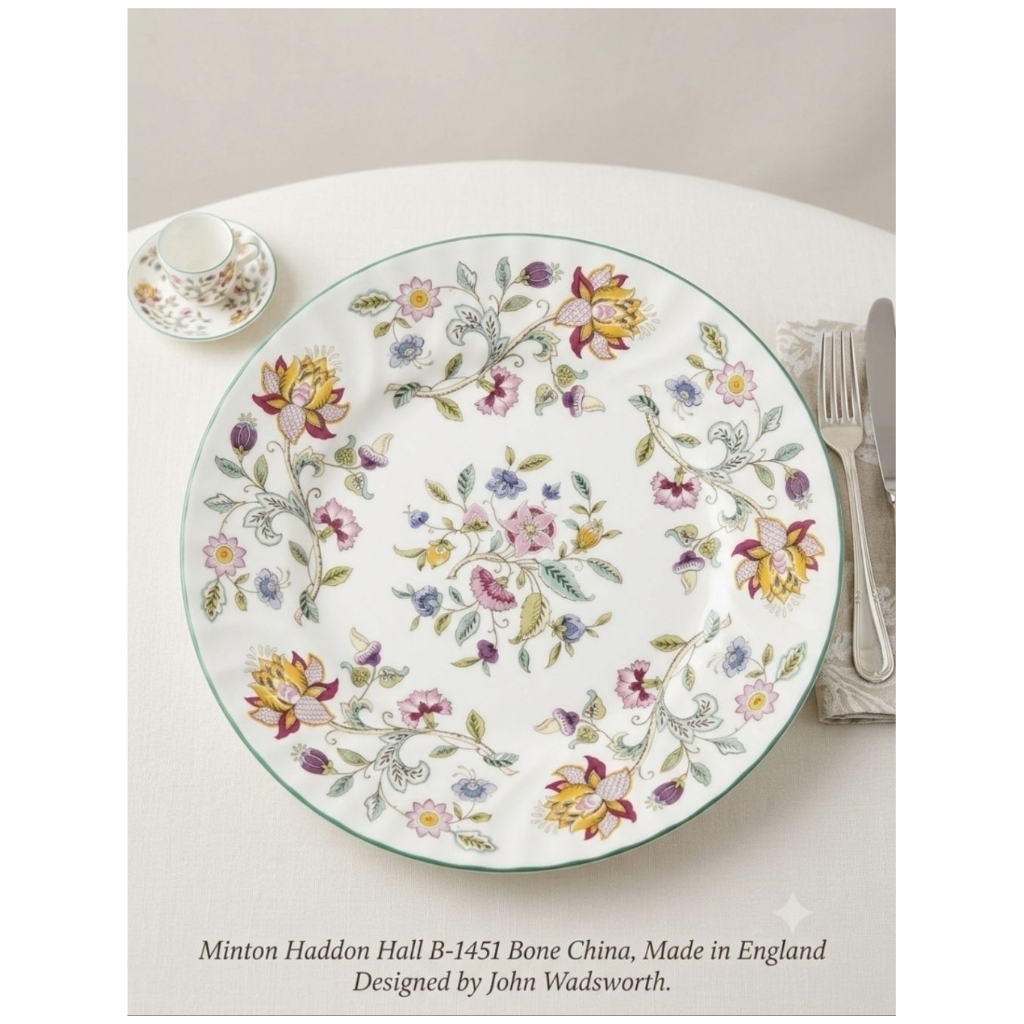[มีรอยขนแมวนิดเดียว] จานดินเนอร์ Minton "Haddon Hall" Made in England (ขนาด 11 นิ้ว)