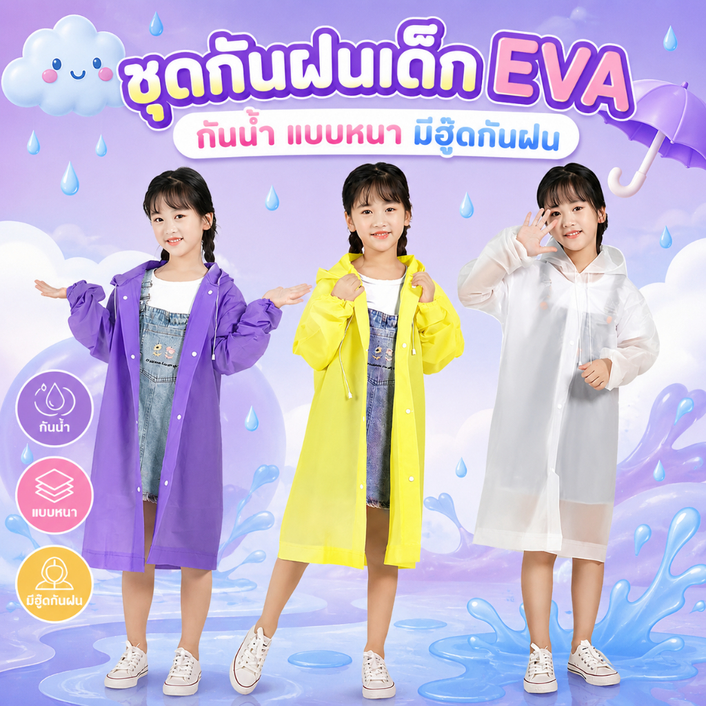 เสื้อกันฝน EVA  ทั้งเด็กและผู้ใหญ่ สไตล์เกาหลี Rain coats กันน้ำ แบบหนา มีฮู๊ดกันฝน F62