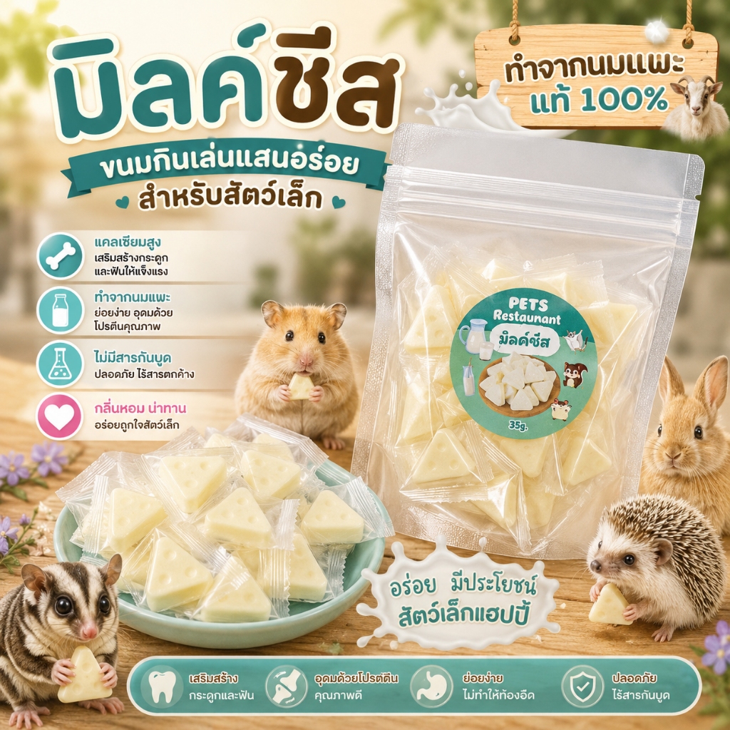 มิลค์ชีส 35g. ขนมกินเล่น ขนมหนูแฮมเตอร์ ชูการ์ แคลเซียมสูง ทำจากนมแพะ ไม่มีสารกันบูด กลิ่นหอมน่าทาน