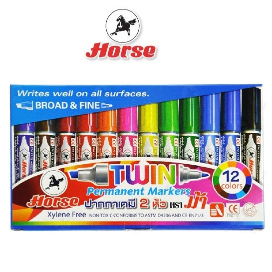 ปากกาเคมี 2หัว (ปากกามาร์เกอร์) TWIN PEN ตราม้า Horse ชุด 12สี จำนวน 1 กล่อง