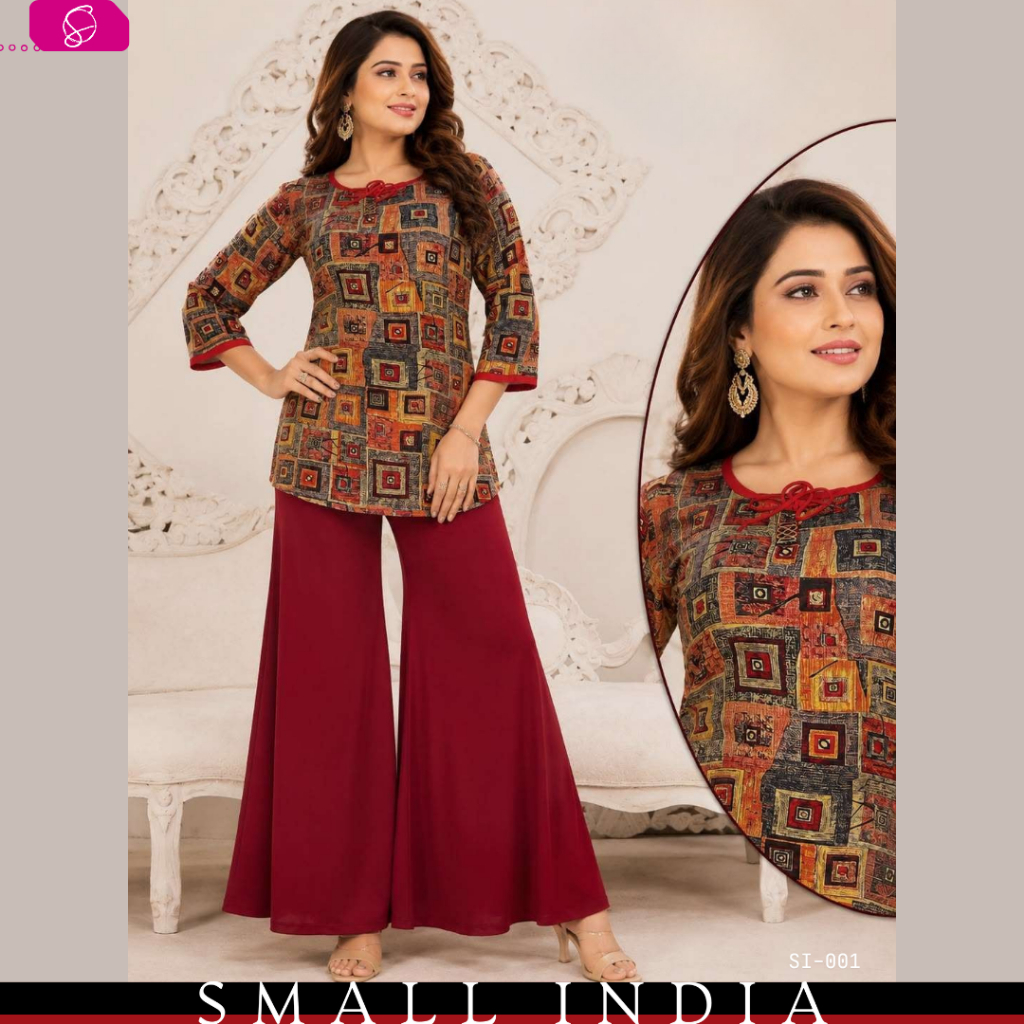 {**ส่งฟรี**} SMALL INDIA ✨👚 Rayon Printed Short Kurti Top SI-001 เสื้อผู้หญิง ✨👚 Women Kurti Top