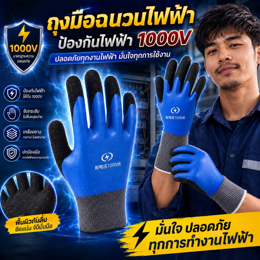 TZถุงมือไนลอนไนไตรล์แขนยาวเคลือบ PU กันลื่น กันบาด กันกระแทก และป้องกันไฟฟ้าแรงสูง (12KV) ได้