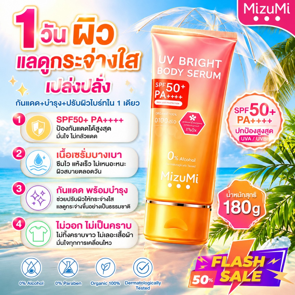 ผิวสว่างเร็ว! MizuMi UV Bright Body ครีมกันแดดผิวกาย Serum SPF50+กันแดดทาตัว 180 มล เหมาะสาวๆ อการใช้งา นในชีวิตประจำวัน