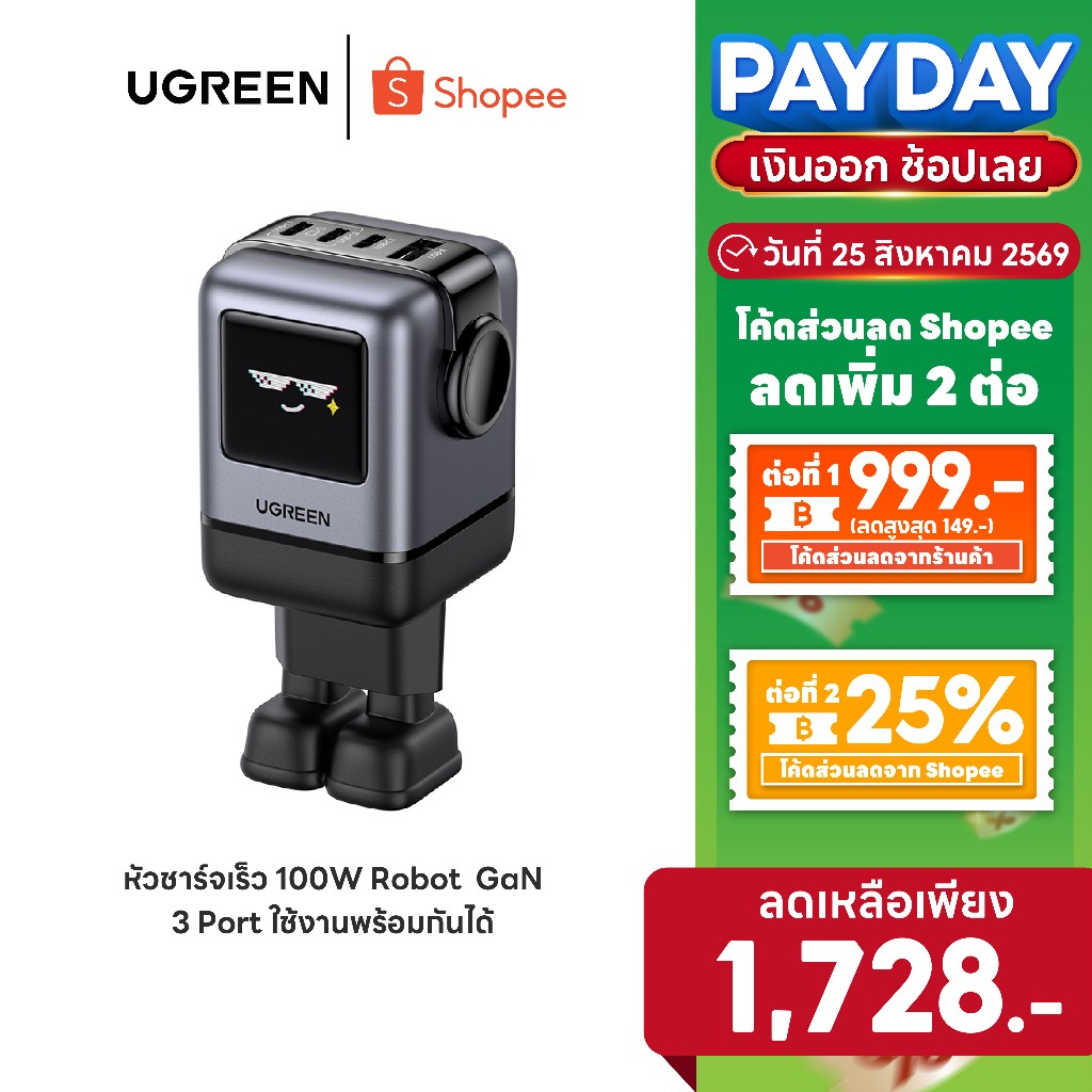 [ลดเหลือ 1728] UGREEN หัวชาร์จ หุ่นยนต์ UNO100W 3C1A RobotGaN Tech Fast Charger รองรับ PD/QC (Thai Plug) รุ่น 65883