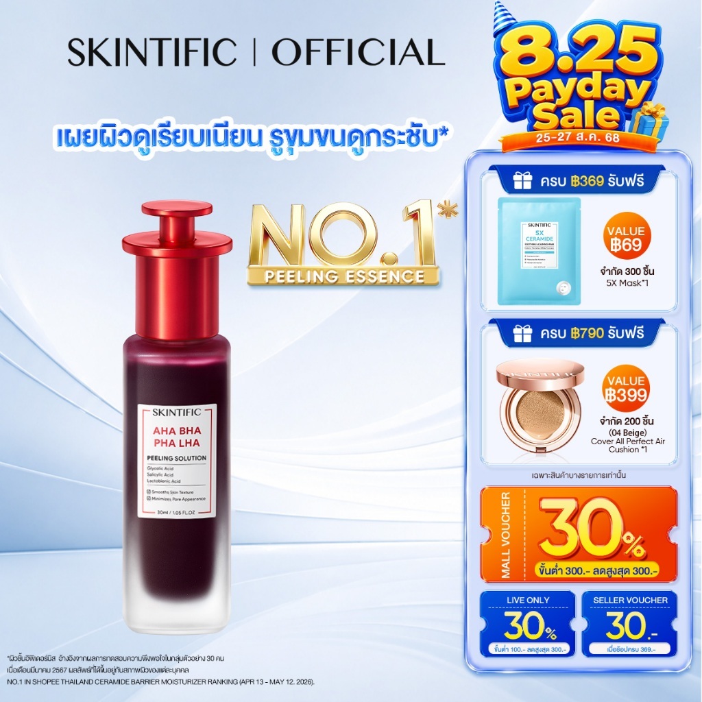 [new]SKINTIFIC AHA BHA PHA LHA PEELING SOLUTION ผลัดผิวเสีย เผยผิวดูเนียนนุ่ม รูขุมขนดูกระ
