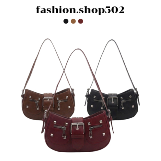 fashion.shop502 น Kira กระเป๋าสะพายไหล่ Y2K สไตล์เกาหลี ทรงโฮโบประดับหมุดสี่เหลี่ยม ดีไซน์เข็มขัดคู่ มีส่งด่วน B-097
