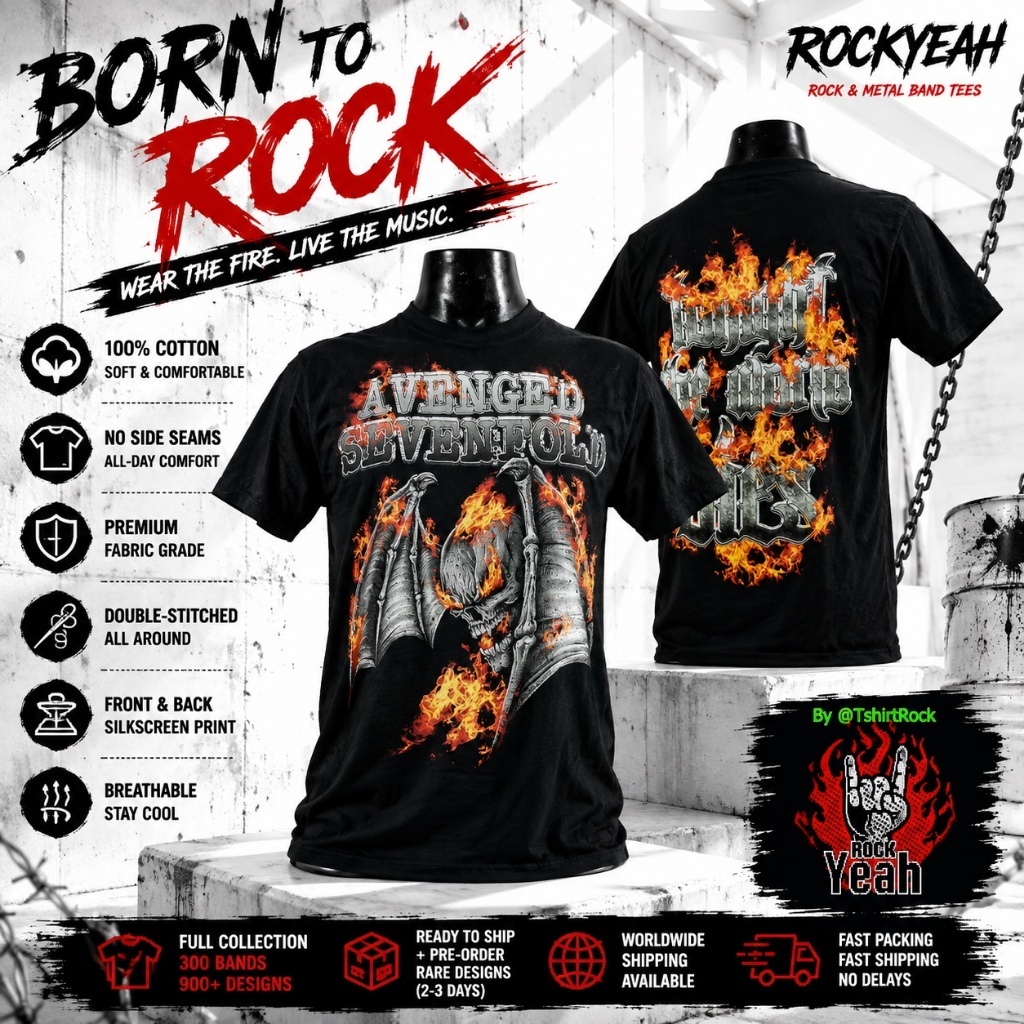 เสื้อวง Avenged Sevenfold ลาย A7X Behold The World Dies Fire Graphi สีดำ A7x1790