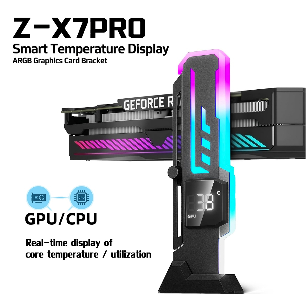 PowerTrain Z-X7 ขาค้ำการ์ดจอ สีดำ ไฟ ARGB จอแสดงอุณหภูมิ CPU/GPU Temp Holder Black