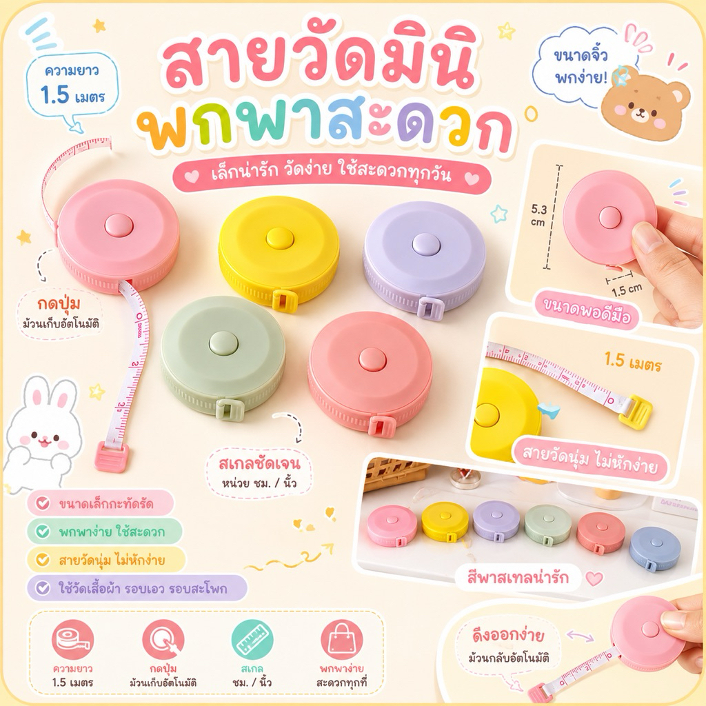 [พร้อมส่ง] Mini Pocket Tape Measure สายวัดตัวตลับมินิ 1.5 เมตร | สายวัดเอว วัดสัดส่วน วัดเสื้อผ้า แบบนิ่ม ลายน่ารัก พกพา