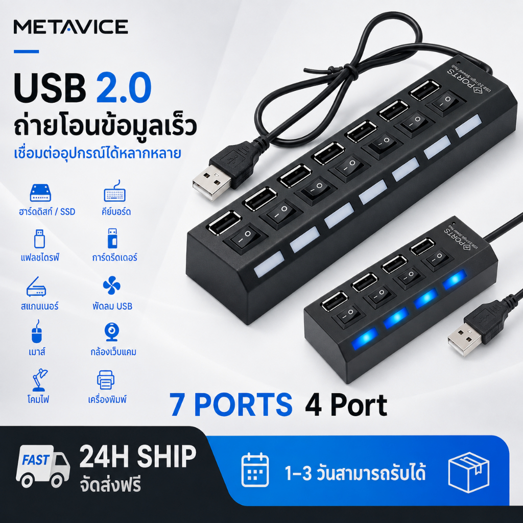 Metavice ตัวเพิ่มช่องUSB 2.0 HUB Combo Splitter 4 / 7 Port USB Switch High Speed ON / OFF Mini 2 In 1 ตัวอ่านข้อมูล