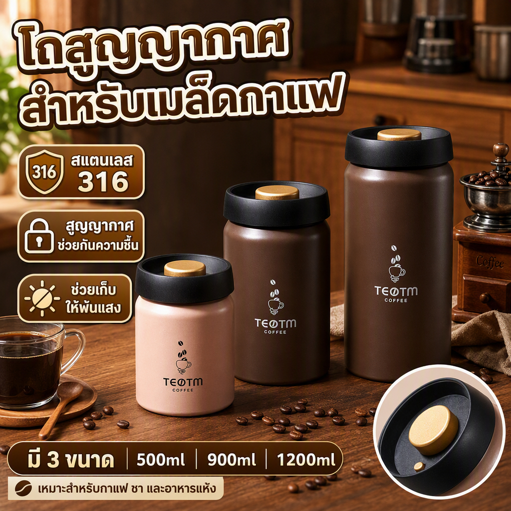 โถเก็บเมล็ดกาแฟ สูญญากาศ กล่องเก็บเมล็ดกาแฟ 500/900/1200ml สุญญากาศกดเดียว โถเก็บเมล็ดกาแฟ สแตนเลส 316 สำหรับใส่ชา
