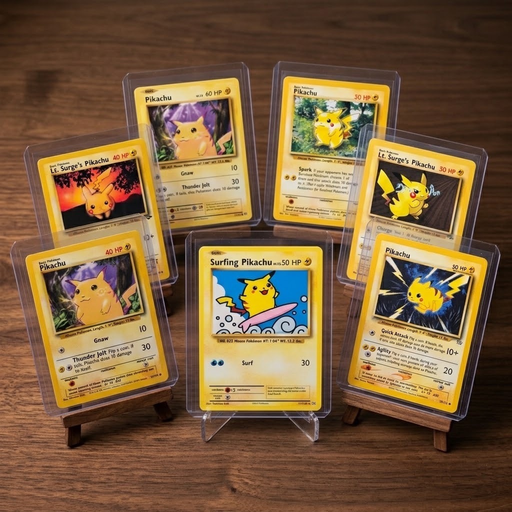 Pikachu Vintage Pokemon Card การ์ดโปเกมอน พิคาชู English Base Set Jungle Lt Surge Surfing Pikachu ขายแยกใบ