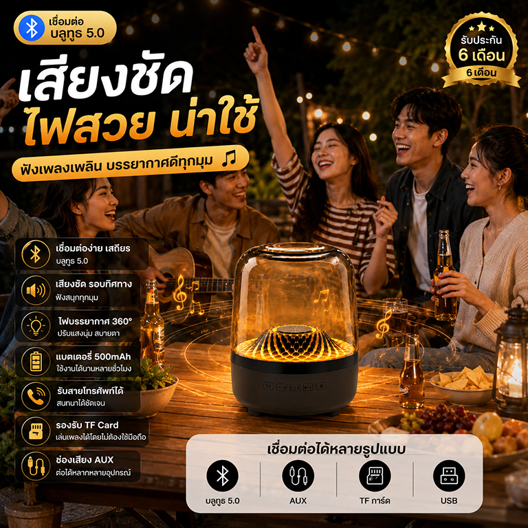 ลำโพงบลูทูธ ลำโพงไร้สาย Bluetooth 5.0 เสียงชัด ไฟ LED 360° ปรับแสงได้ แบตเตอรี่ในตัว รองรับ USB TF Card AUX พกพาสะดวก เห