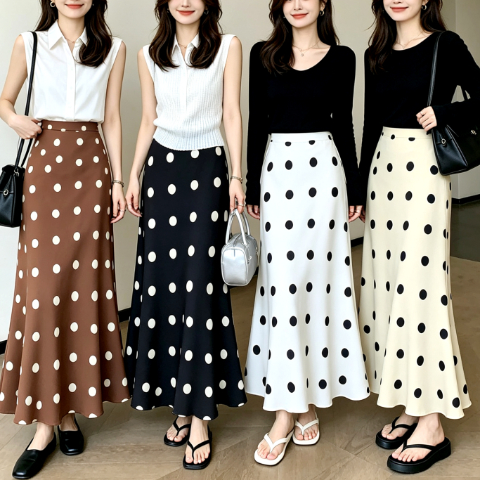 Polka dots ลายจุด แบบยาวปานกลาง กระโปรงทรงเอ ยาว ผ้าซาตินเนื้อนุ่มลื่น[S-4XL] #2052