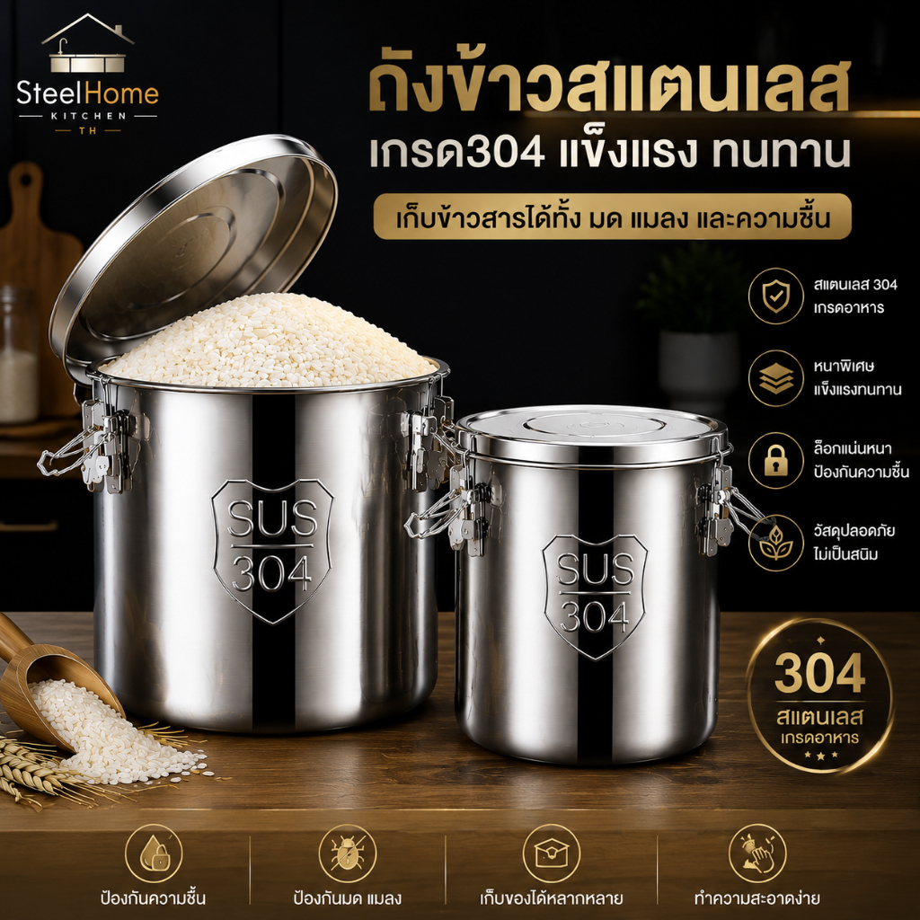 ถังสแตนเลส 304 อเนกประสงค์ เก็บข้าวสาร เก็บอาหาร เก็บน้ำซุป รักษาอุณหภูมิ กันชื้น กันแมลง ฝาปิดสุญญากาศ