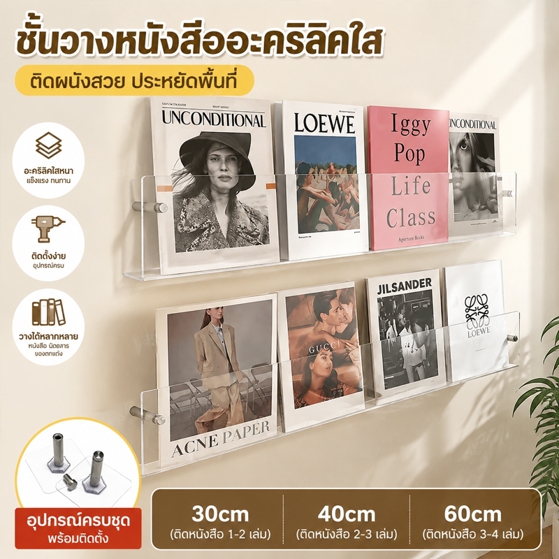 ชั้นวางหนังสือติดผนังอะคริลิคใส ไม่ต้องเจาะรู ชั้นวางหนังสือเด็ก วางนิตยสาร CD ตกแต่งผนังห้อง