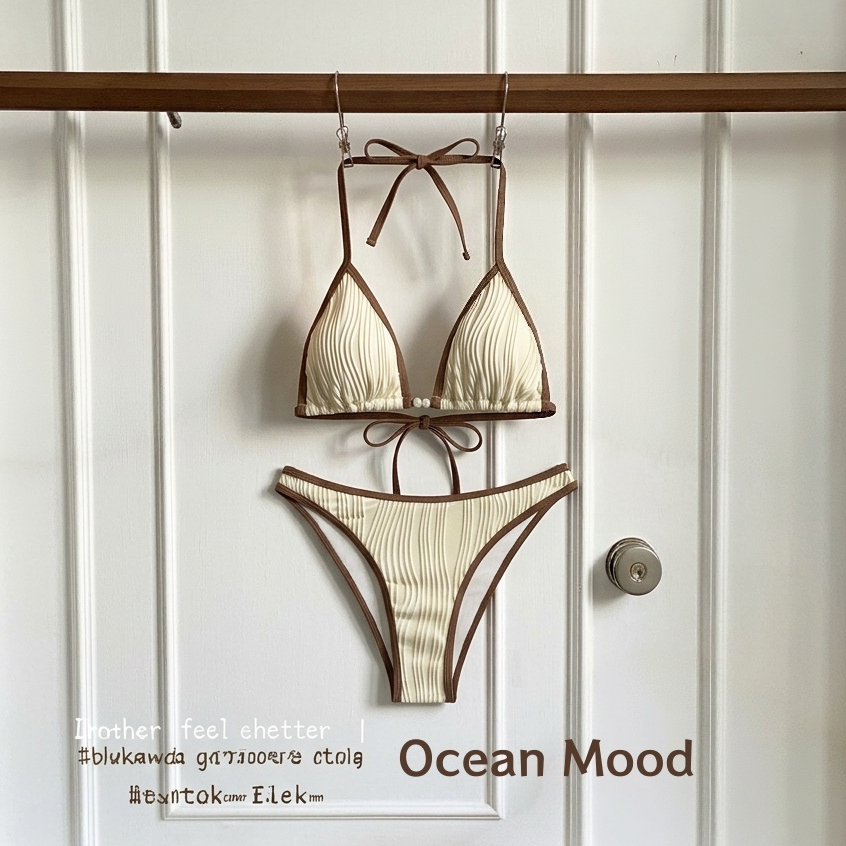 Ocean Mood | ชุดว่ายน้ำบิกินี่ Bikini set สายคล้องคอ ผ้าลายคลื่น ประดับด้วยไข่มุก เซ็กซี่ใส่เที่ยวทะเล