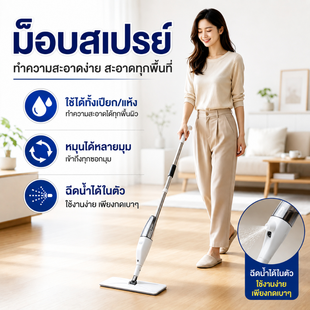 【พร้อมส่ง】ไม้ถูพื้นแบบสเปรย์ SPRAY MOP ไม่ต้องง้อหลัง หัวหมุน 360° ผ้าไมโครไฟเบอร์ ใช้ได้ทั้งเปียกแห้ง