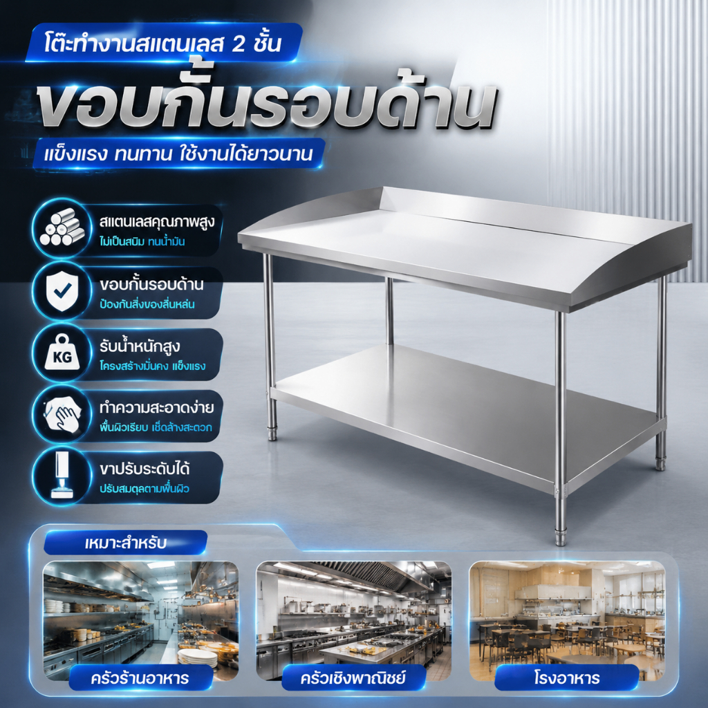 🚀จัดส่งจากกรุงเทพ🚀 150CM x 50CM x 80CM โต๊ะสแตนเลสคุณภาพสูง Workbench ทําความสะอาดง่าย โต๊ะสองชั้