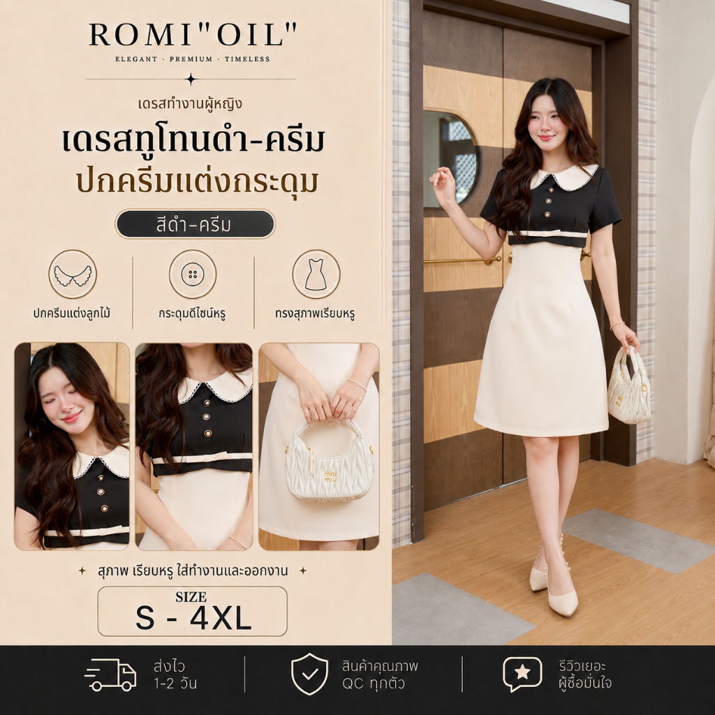 "Romi"Oil" Caroline Dress K391 ชุดเดรสปกสีครีม (คอบัวแต่งกระดุมหน้าแต่งโบว์ที่เอว)