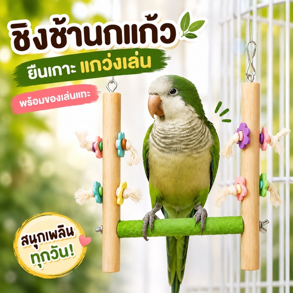 ชิงช้านกแก้ว คอนยืนนกแบบแขวน ของเล่นนกแก้ว คอนไม้แขวนกรง พร้อมของเล่นแทะ สำหรับเลิฟเบิร์ด ฟอพัส หงส์หยก ขนาด 19x22CM