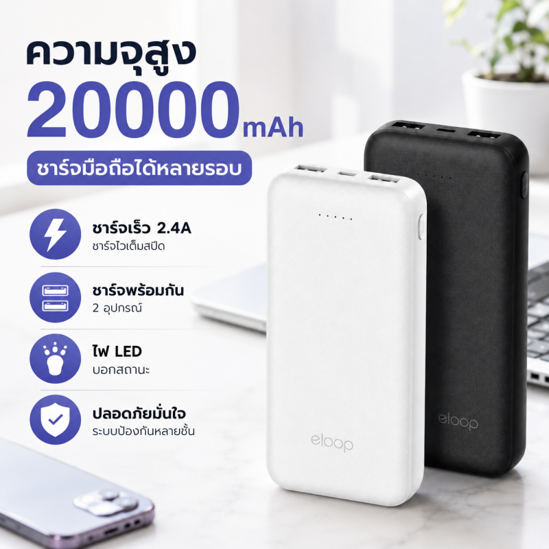 Eloop E34 20000mAh Power Bank แบตสำรอง 2.4A USB 2 ช่อง ชาร์จเร็ว Powerbank ของแท้ มอก. E34 20000mAh
