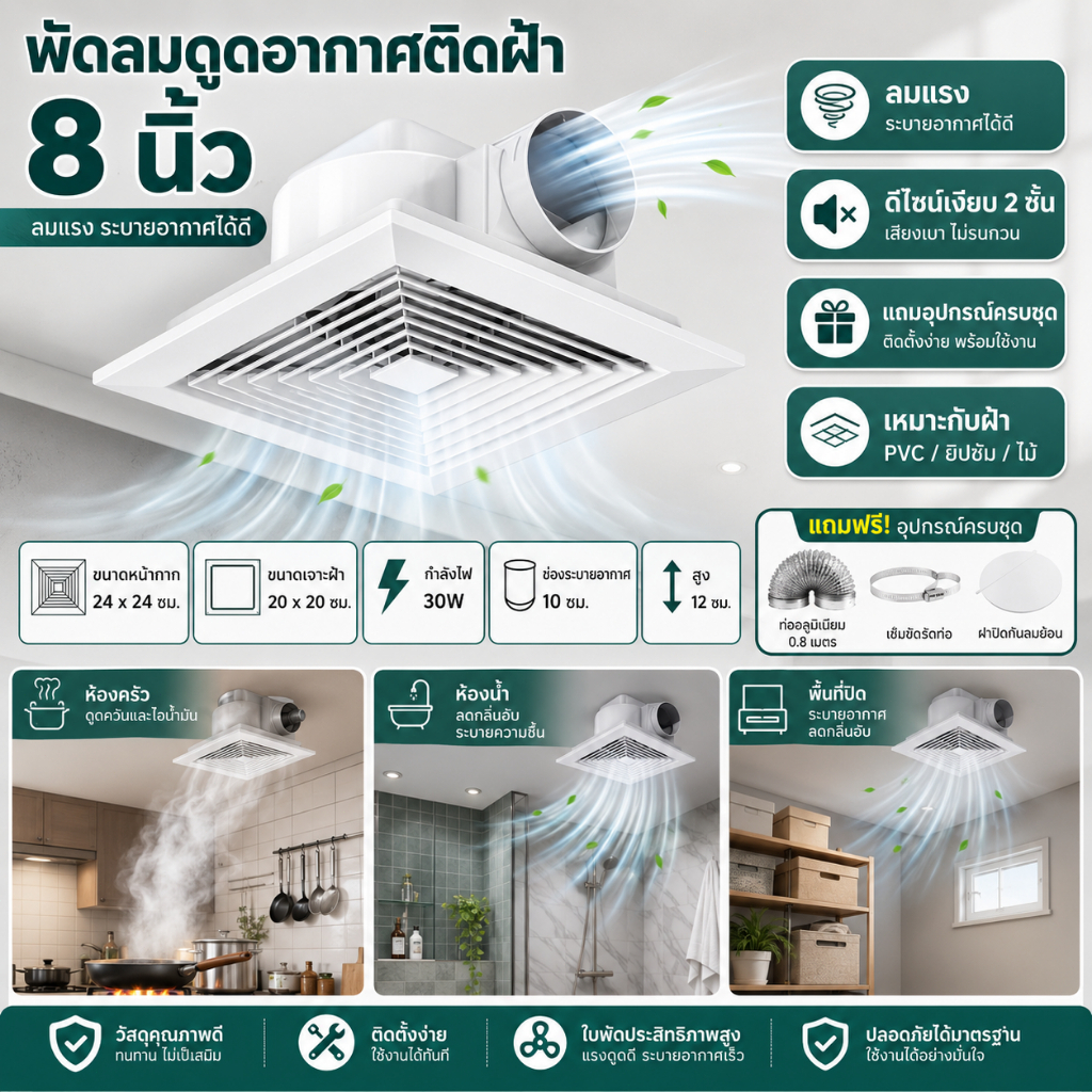 พัดลมดูดอากาศ 6/8/10/12 นิ้ว ครัว/ใช้ห้องน้ำ/ห้องนอน เพดาน ระบายอากาศ พัดลมระบายอากาศ พัดลมดูดควันไฟ ทนความร้อนสูง