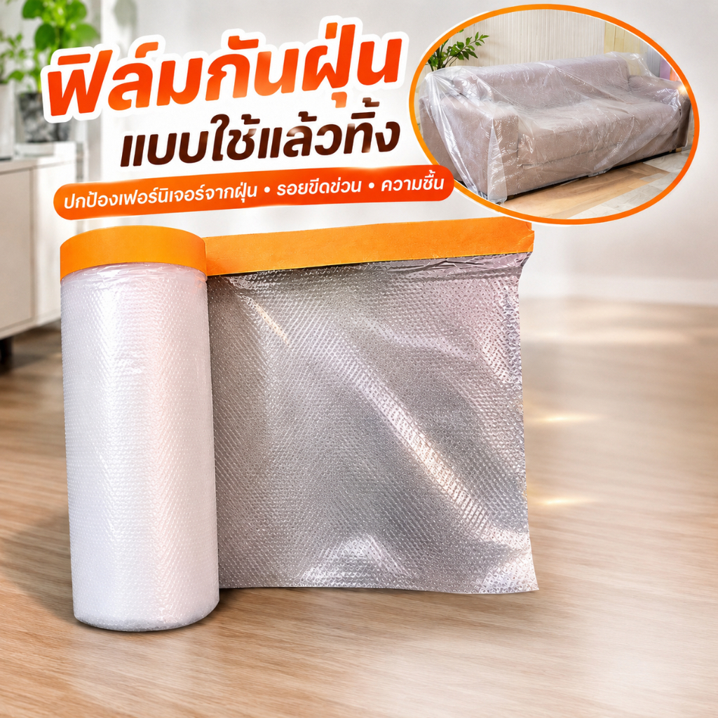 พลาสติกคลุมกันฝุ่นเฟอร์นิเจอร์ มีเทปกาวในตัว แบบม้วน กันน้ำ ขนาด 2000x110 ซม. สำหรับคลุมโซฟา เตียง และของใช้ในบ้าน